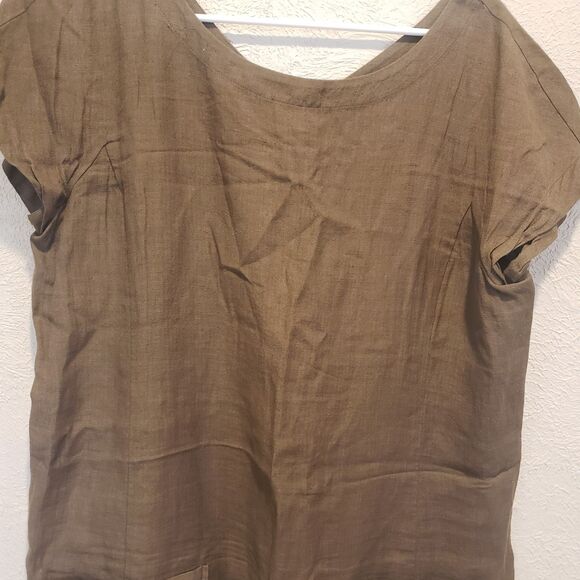 Eileen Fisher Linen Tencel Blend Short Sleeve Pocket Dress Medium Brown Zip - Picture 5 of 14